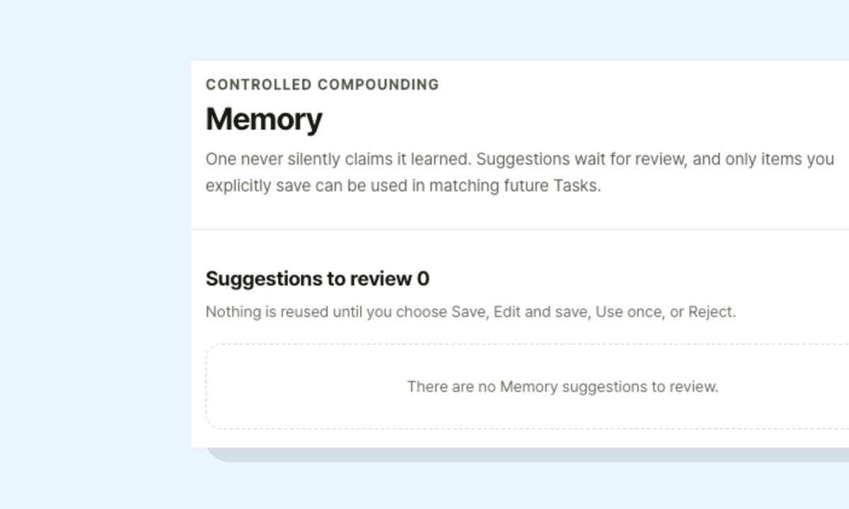 Agentlas One memory suggestions waiting for explicit review