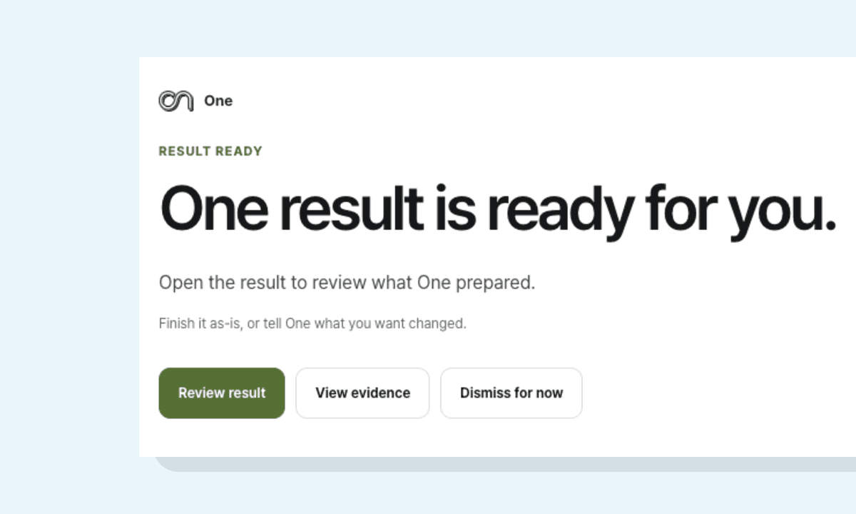 Agentlas One result ready for review with evidence and dismissal controls
