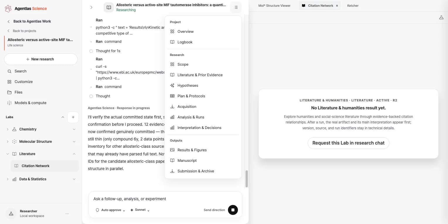 Agentlas Science workspace with the research navigation menu open
