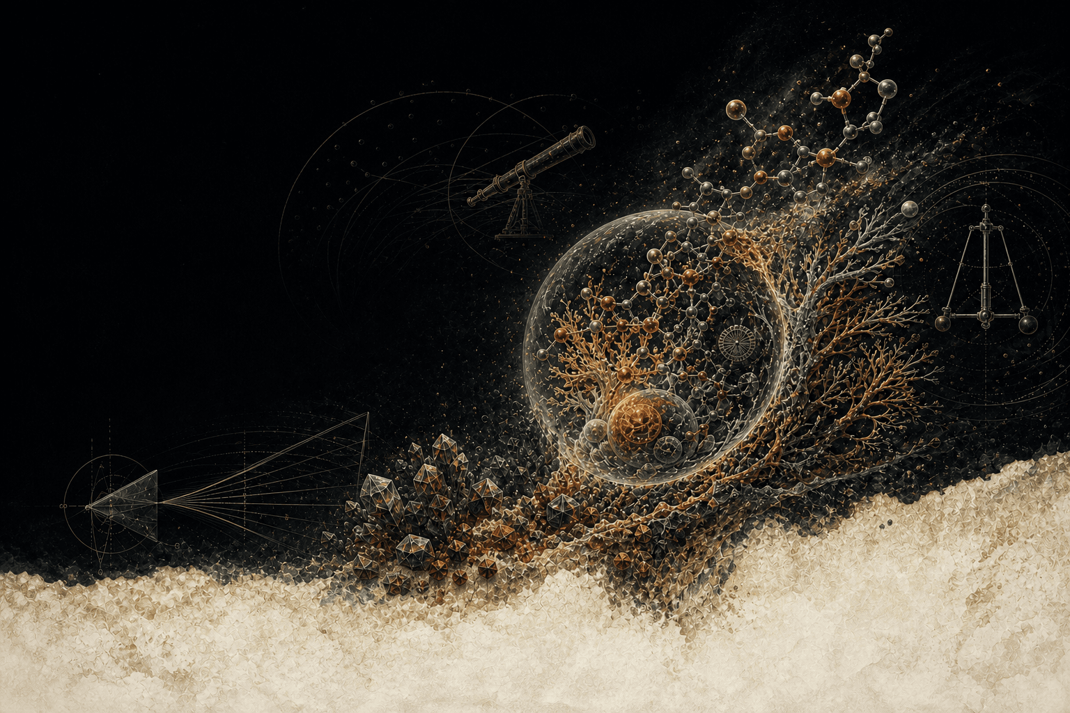 An illustrated history of science emerging from molecules, a cell, instruments, and Earth
