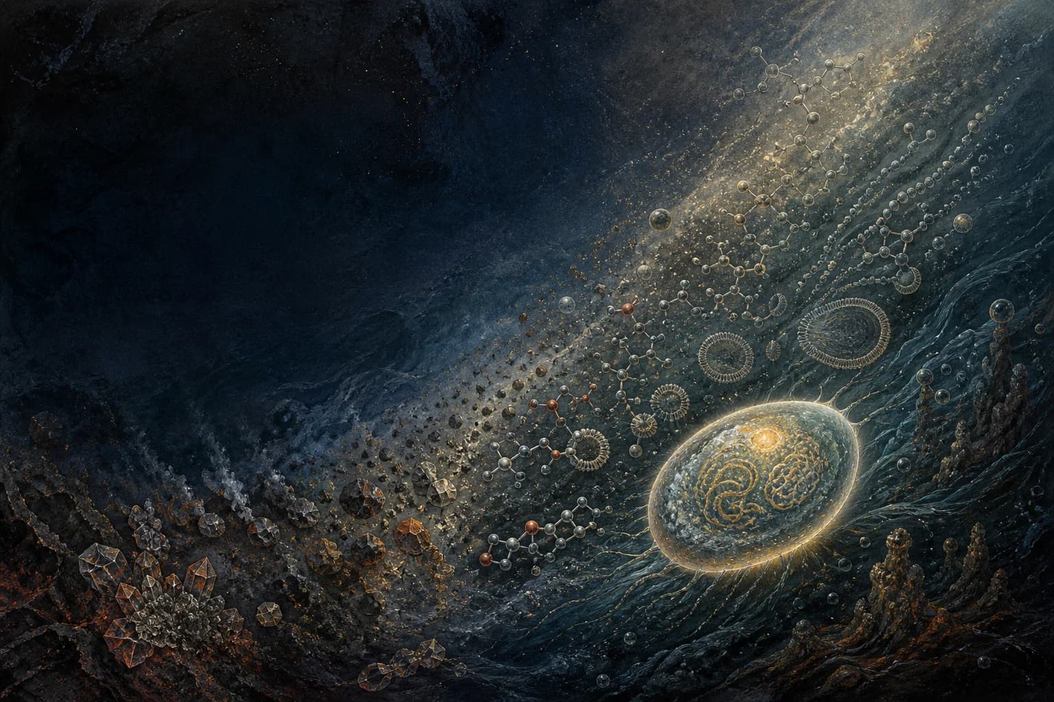 Illustrated scientific history scene for I — ORIGINS