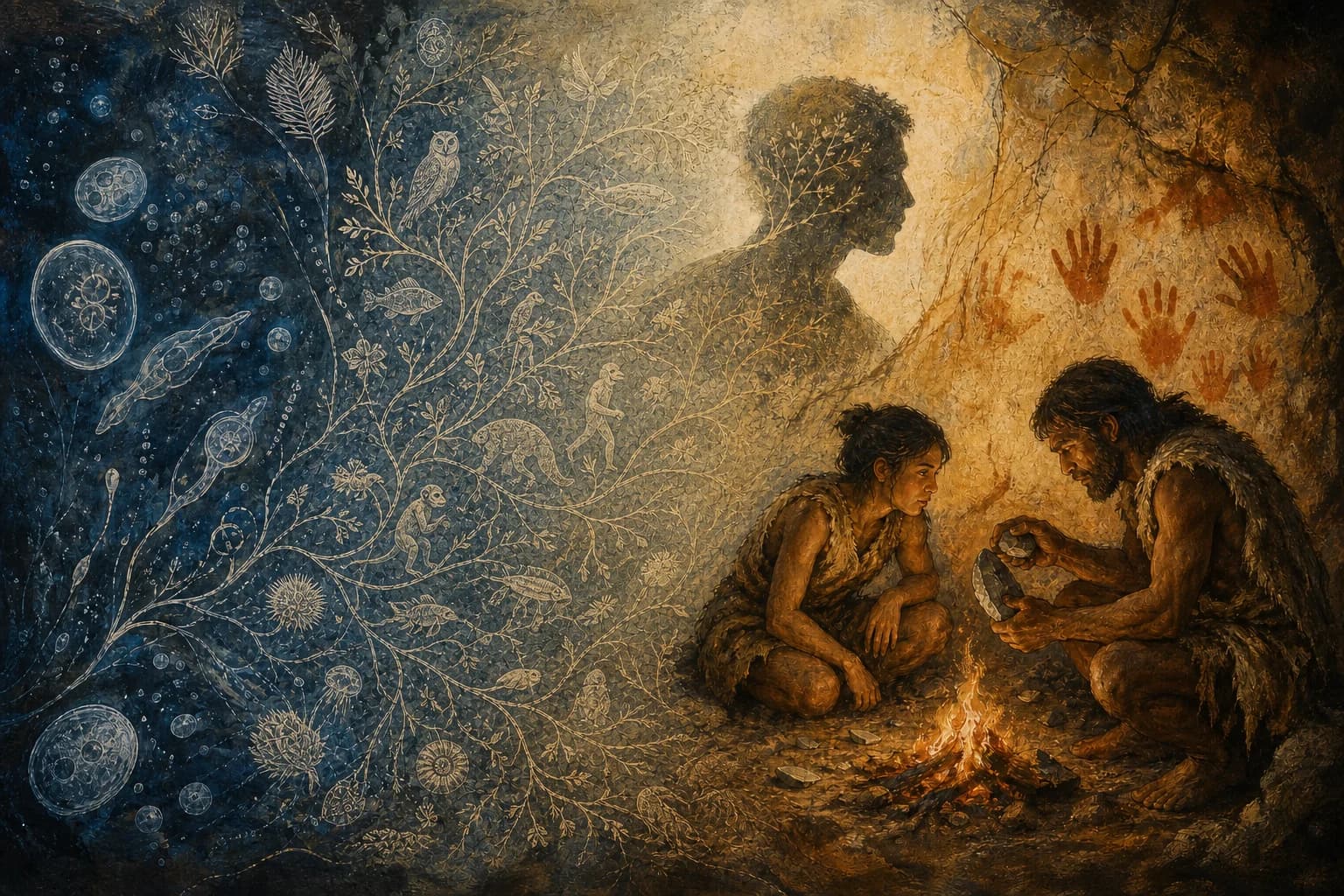 Illustrated scientific history scene for II — THE HUMAN SPARK