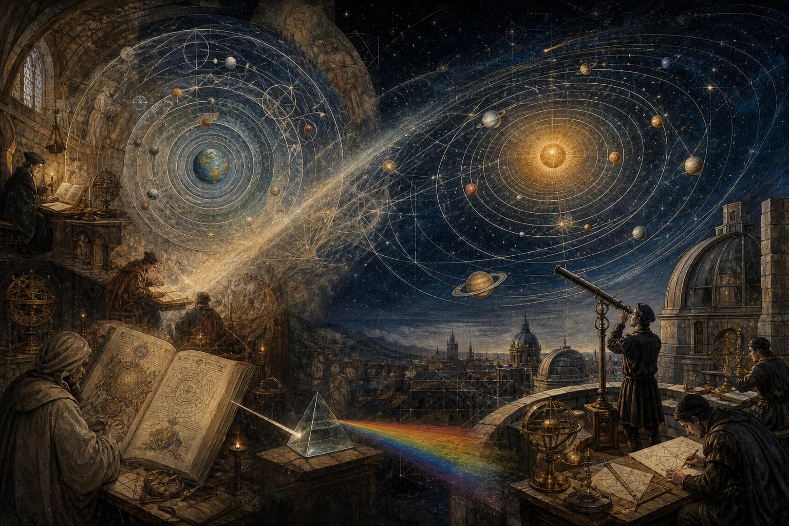Illustrated scientific history scene for III — THE UNIVERSE REWRITTEN