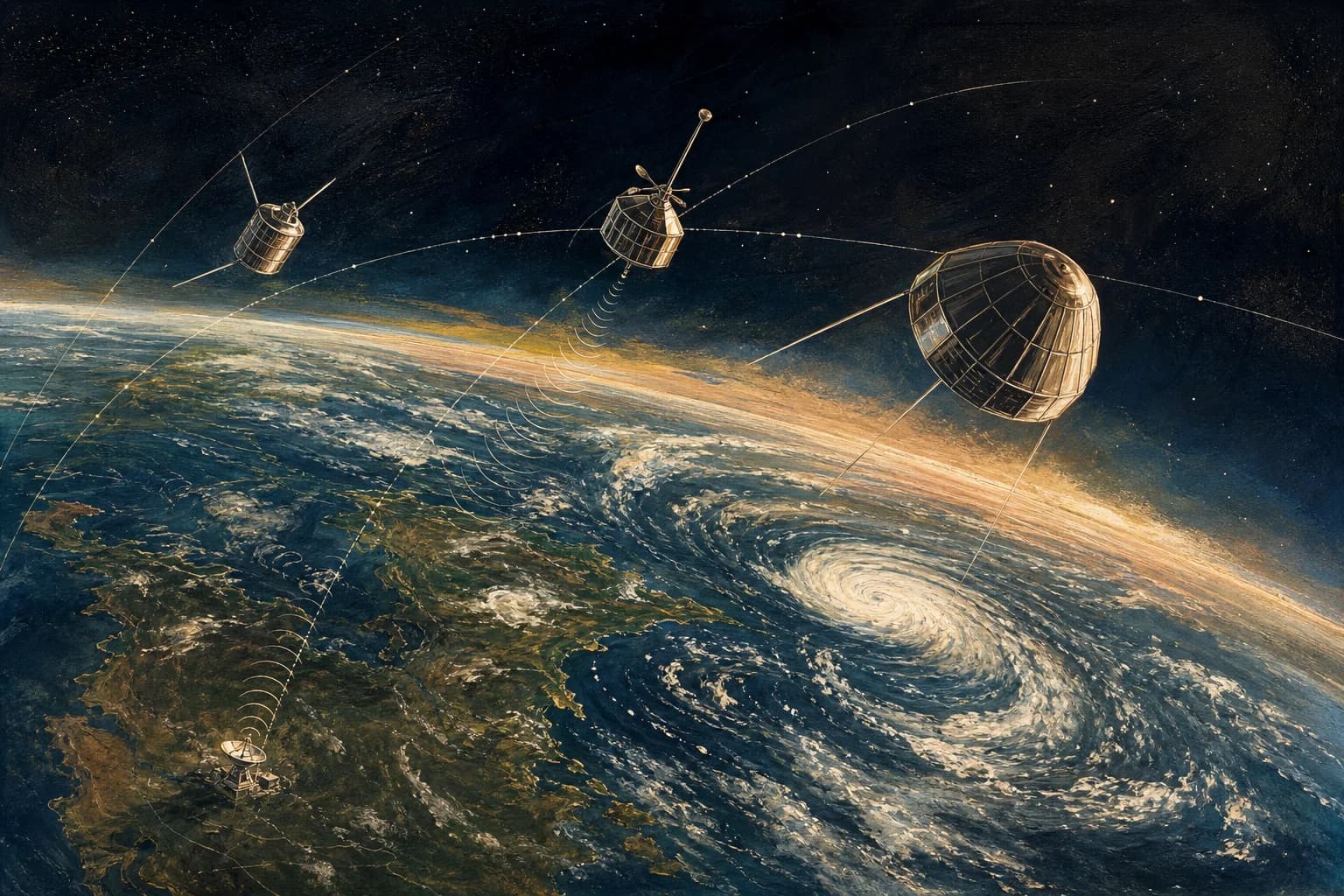 Illustrated scientific history scene for V — A PLANET SEES ITSELF