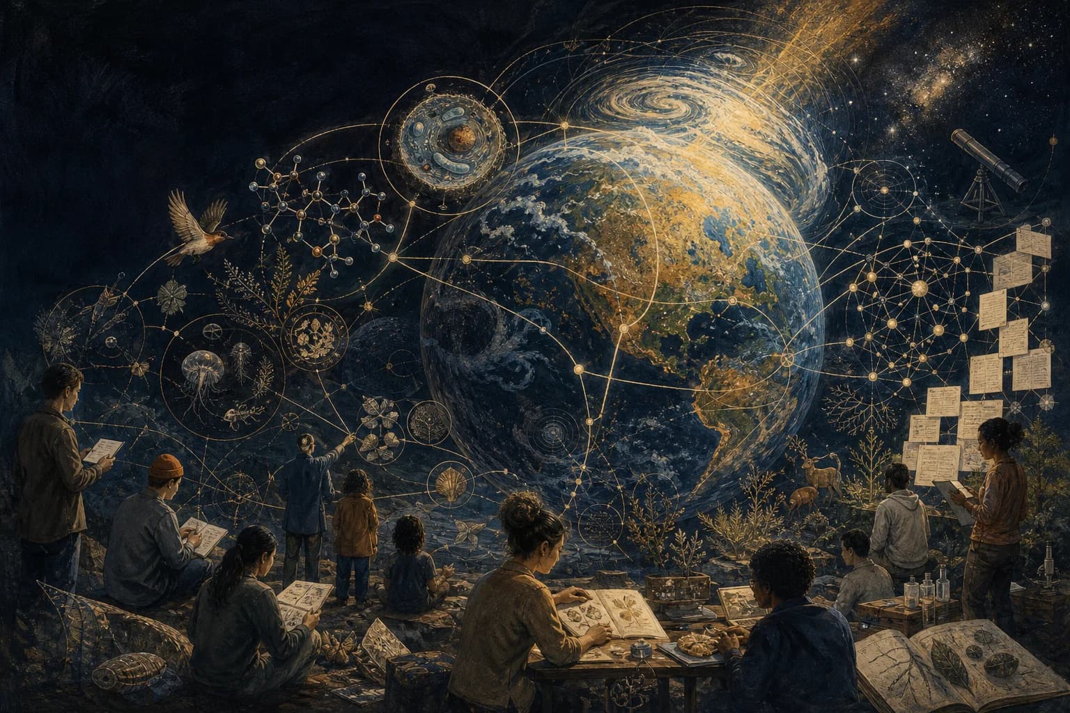 Illustrated scientific history scene for VI — THE NEXT CHAPTER