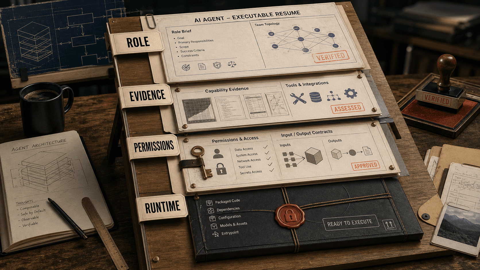 An exploded personnel dossier showing an AI agent's role, capability evidence, permissions, input-output contracts, and sealed runtime package