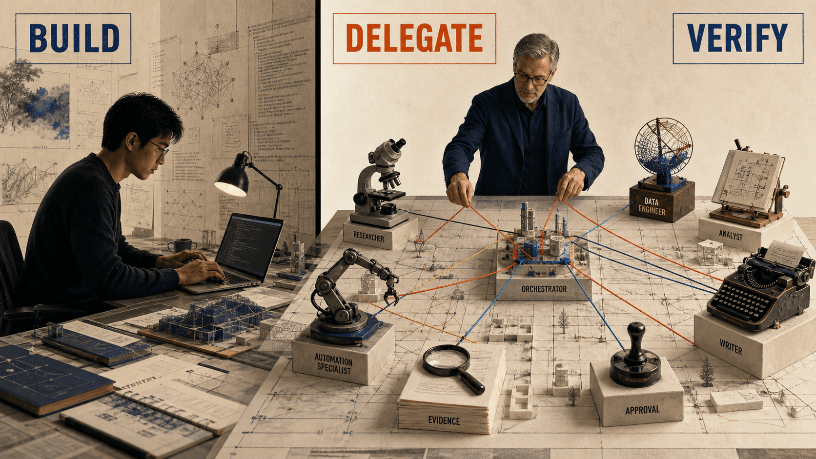 A software engineer builds an agent while a senior team leader delegates work across a specialist AI workforce and verifies the evidence