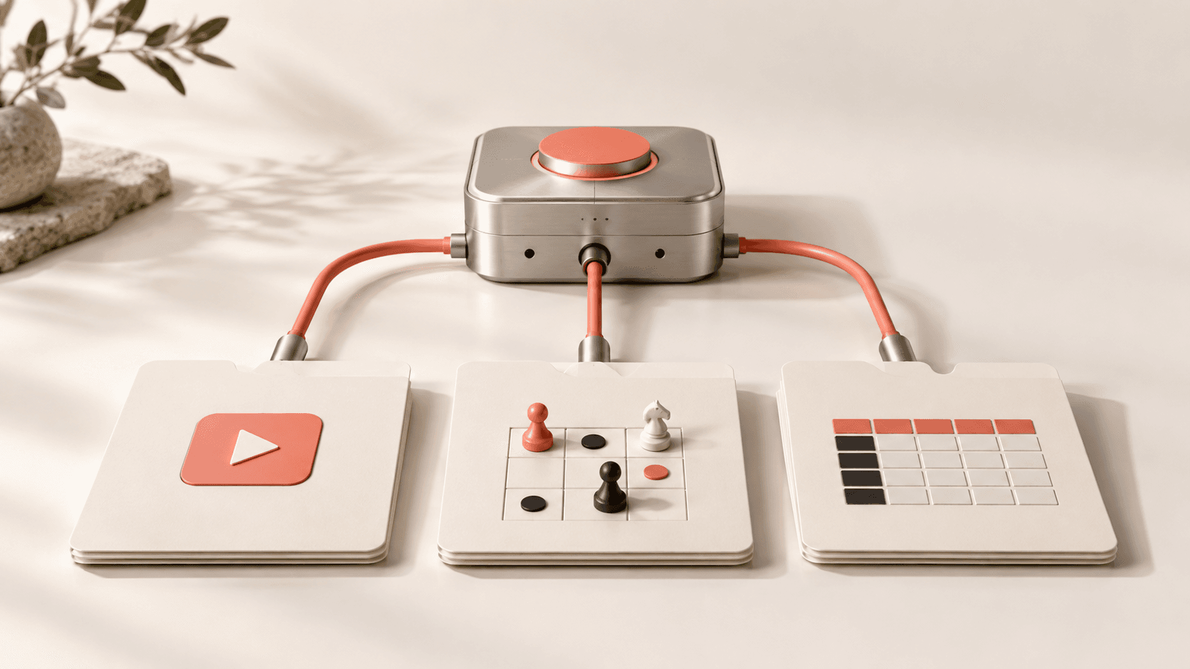 Conceptual illustration of one reusable silver module connected to separate video, game, and data project cards
