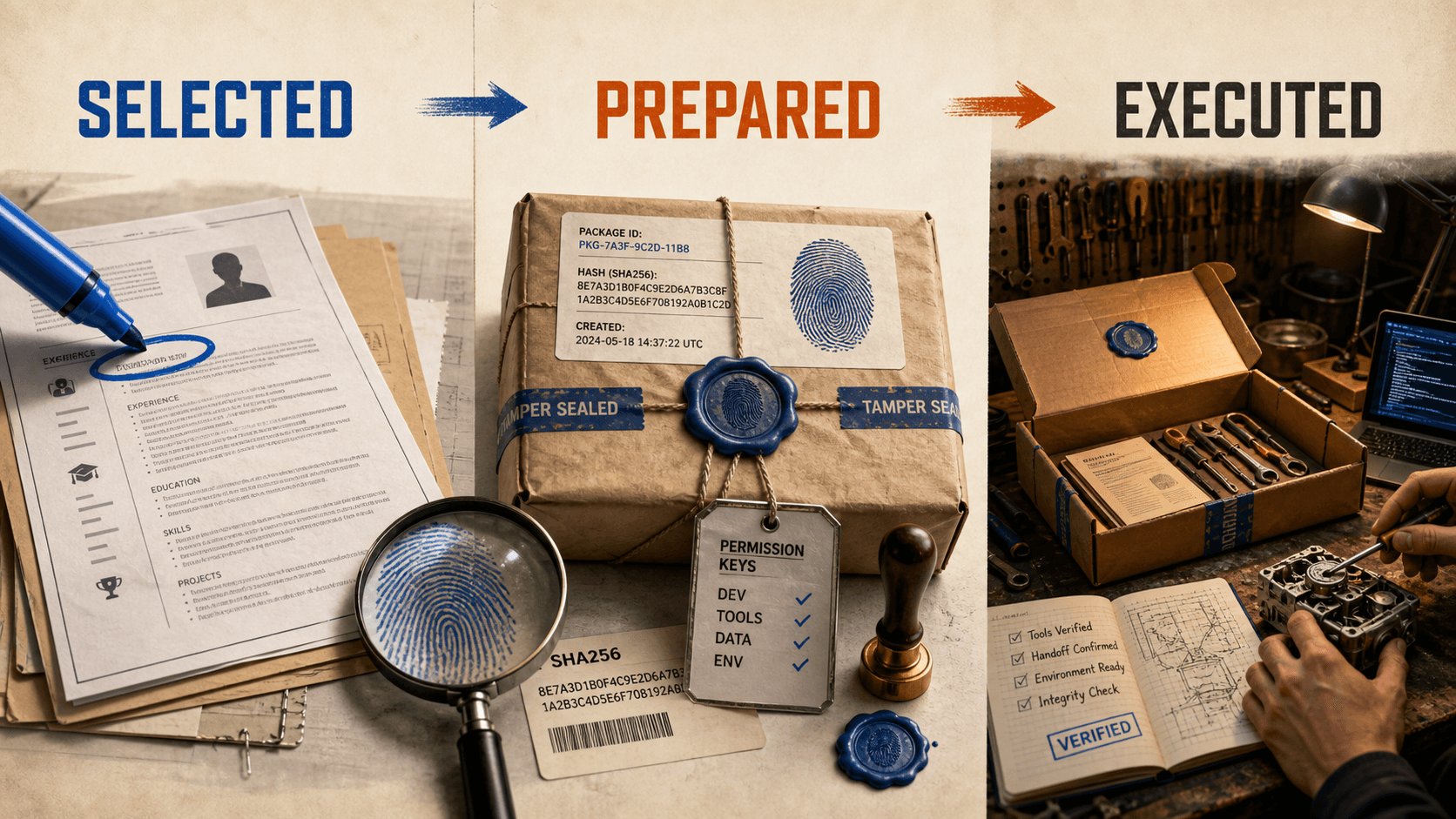 Three physical stages showing a resume selected, an exact package prepared by hash and permissions, and the package executed in a user-owned workshop