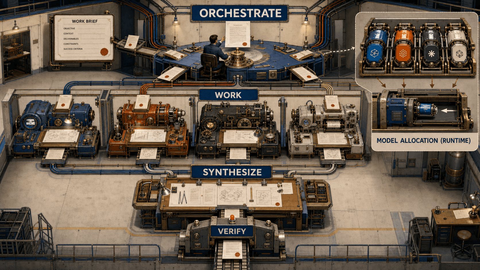 A cutaway command room where an orchestrator assigns sealed work packets to specialist machines, synthesis combines their artifacts, and an independent verifier checks the result