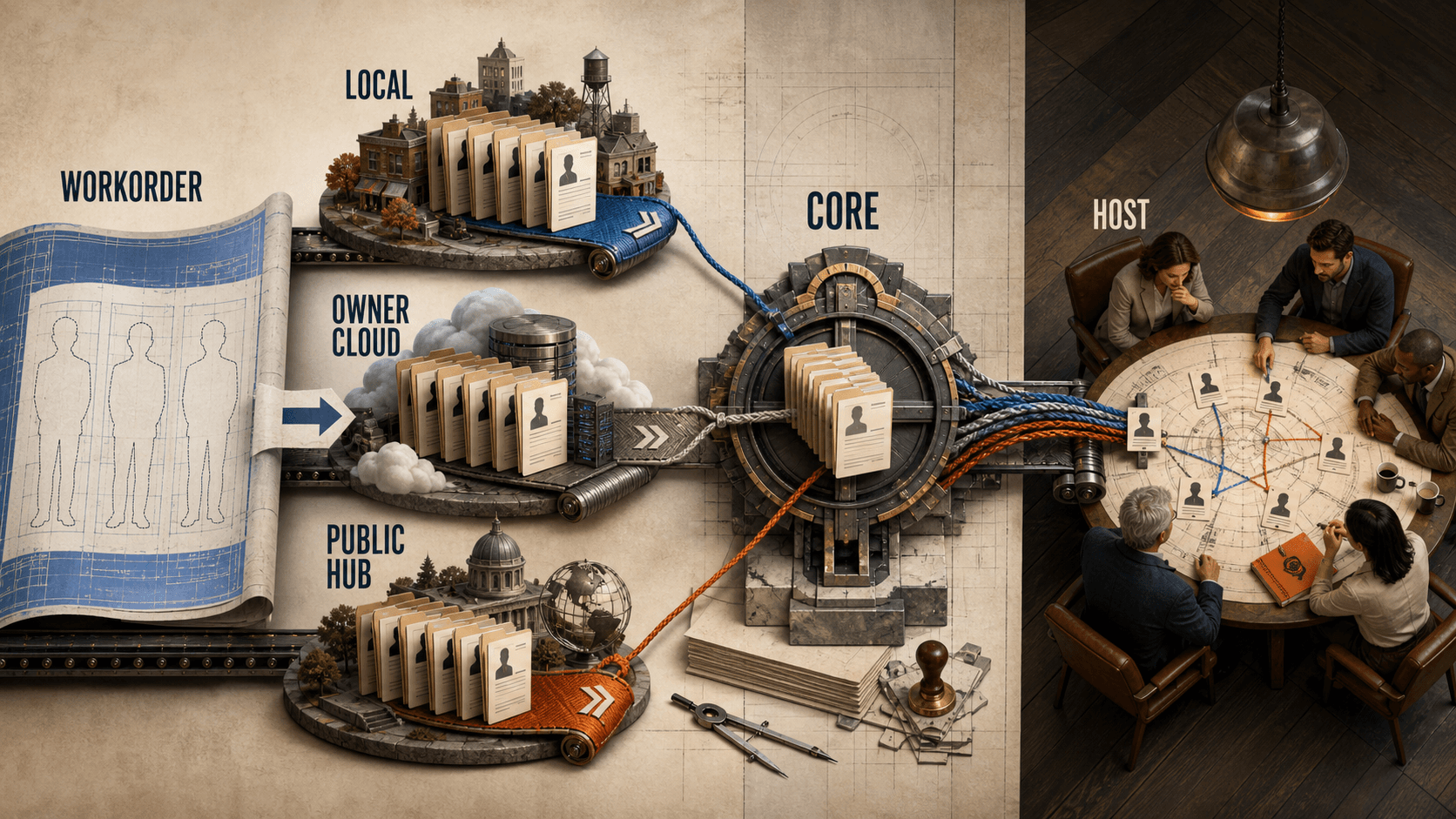 A physical WorkOrder blueprint collecting candidate resumes from Local, Owner Cloud, and Public Hub before Core validation and host selection