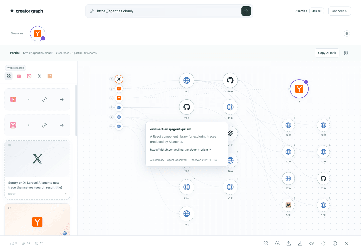 Creator Source Graph browser app displaying public creator content, cited sources, and research coverage