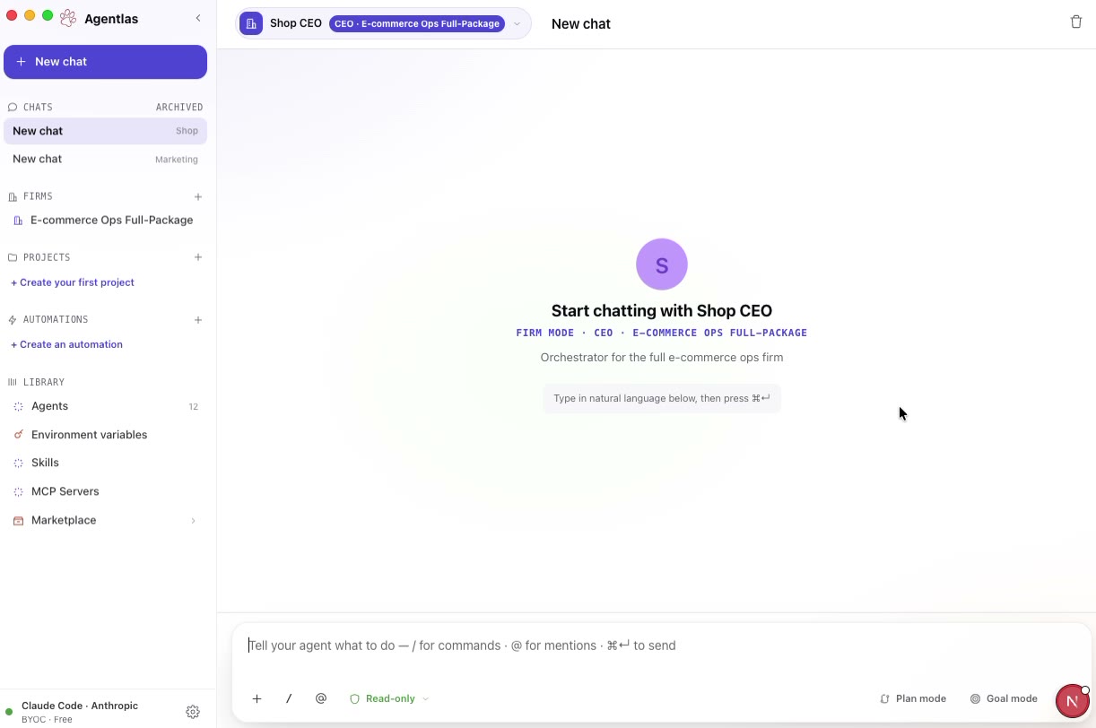 Launch the CEO chat with specialist agents already attached. screen