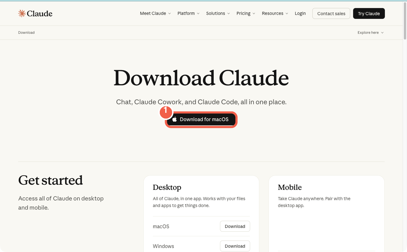 Official Claude download page with the Download for macOS button highlighted