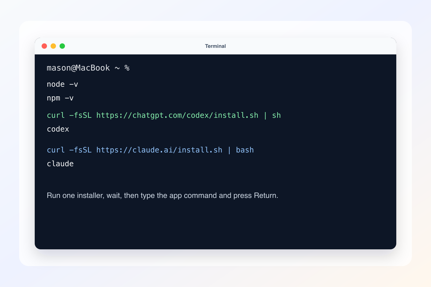 Mac Terminal showing node, npm, codex, and claude commands