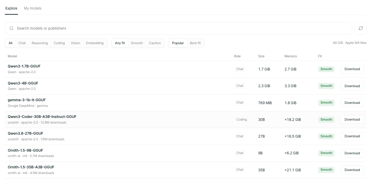 Model browser for discovering models from Hugging Face.