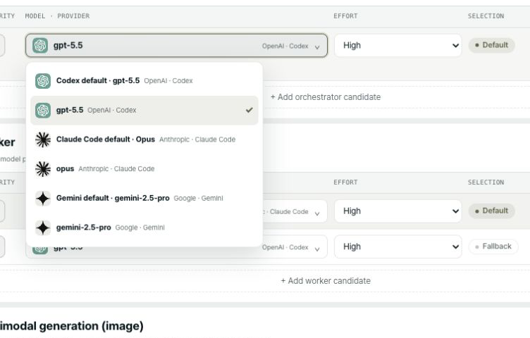Role model settings with an open selector listing Codex, Claude, and Gemini model choices.